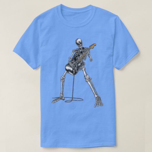 ハッピースケルトンギターガイ不気味ハロウィーンロックバ Tシャツ (デザイン正面)
