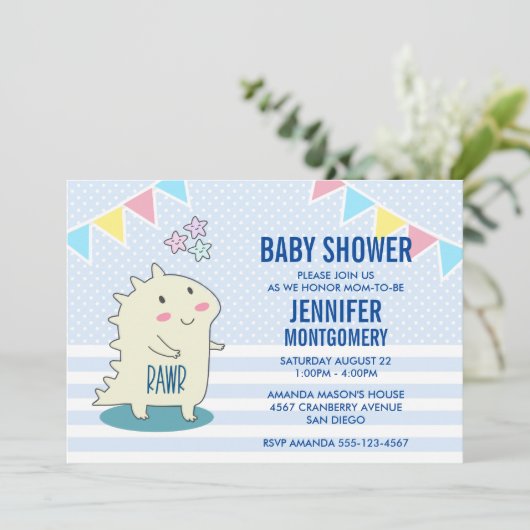 ハッピースターとキュートな黄色い恐竜ベイビーシャワー 招待状 (スタンド正面)