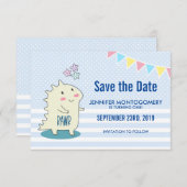 ハッピースターズ付きかわいい黄色い恐竜誕生日 セーブザデート (正面/裏面)