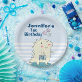 ハッピースターズ付きかわいい黄色い恐竜誕生日 ペーパープレート (パーティー)