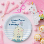 ハッピースターズ付きかわいい黄色い恐竜誕生日 ペーパープレート (パーティー)