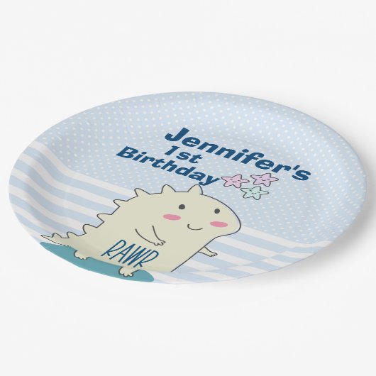 ハッピースターズ付きかわいい黄色い恐竜誕生日 ペーパープレート (アングル)