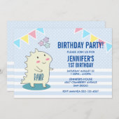 ハッピースターズ付きかわいい黄色い恐竜誕生日 招待状 (正面/裏面)