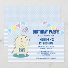 ハッピースターズ付きかわいい黄色い恐竜誕生日 招待状