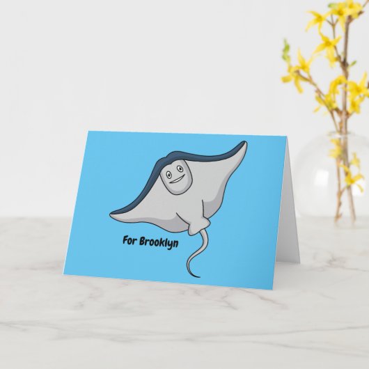 ハッピースティングレイ魚の漫画イラストレーション カード (黄色い花)