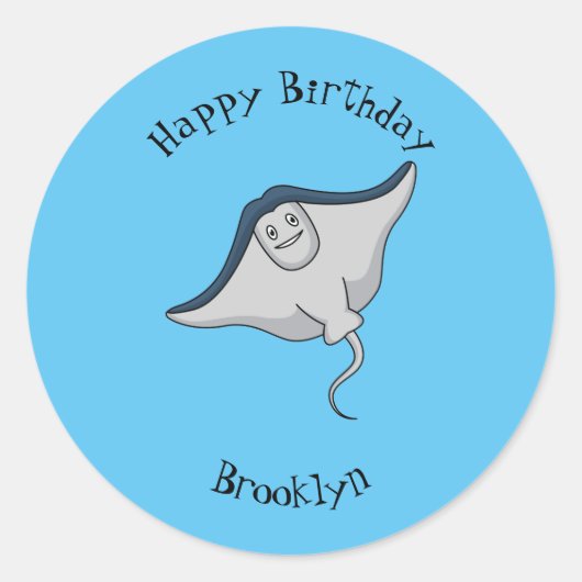 ハッピースティングレイ魚の漫画イラストレーション ラウンドシール (正面)