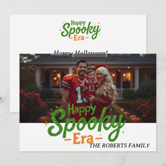 ハッピースプーキー時代のカード、家族写真のハロウィンカード (正面/裏面)