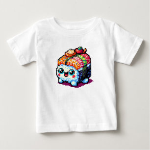 ハッピース転がシ – かわいいピクセルアート日本の食べ物 ベビーTシャツ