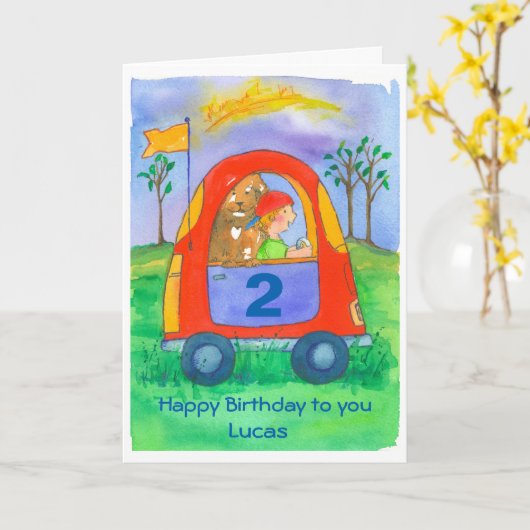 ハッピーセカンドバースデーボーイ名前をカスタムする カード (黄色い花)