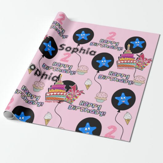 ハッピーセカンドバースデーラッピング紙バルーン#2ピンク ラッピングペーパー (アンロールド)