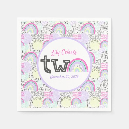 ハッピーセカンドバースデーレインボー90のベビーガールのパーティー スタンダードカクテルナプキン (正面)