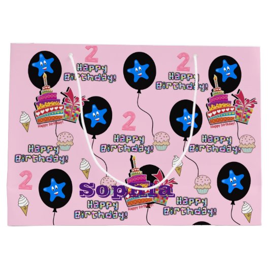 ハッピーセカンドバースデー抱き枕#2誕生日ピンク ラージペーパーバッグ (裏面)