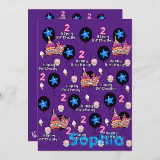 ハッピーセカンドバースデー招待状#2パープル 招待状 (正面/裏面)