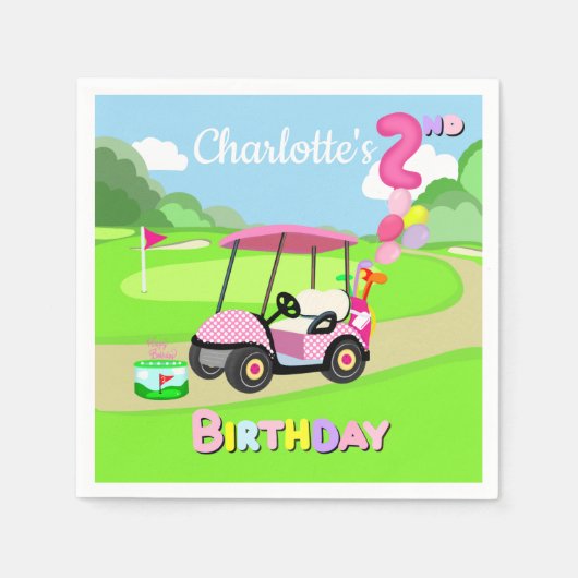 ハッピーセカンドバースデー水玉模様ピンクゴガーリールフ スタンダードカクテルナプキン (正面)