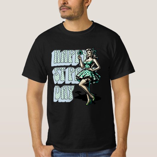 ハッピーセントパトリックの日ピンナップガールとシャムロック Tシャツ (正面)