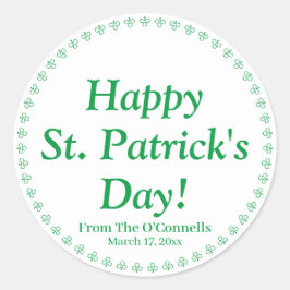 ハッピーセントパトリックの日ホワイト文字カスタムクローバー ラウンドシール