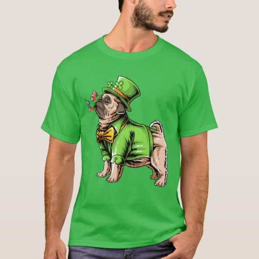 ハッピーセントパトリックの日 | Leprechaun Pug Tシャツ (正面)