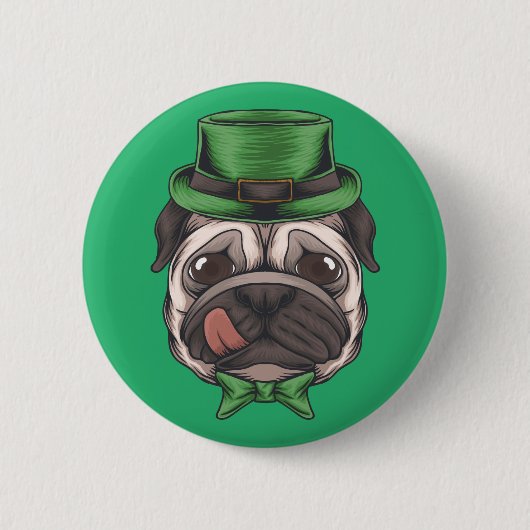 ハッピーセントパトリックの日 | Lucky Hipster Pug Dog 缶バッジ (正面)