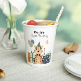 ハッピータイガーとパーティー帽子とギフト、誕生日 紙コップ