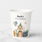 ハッピータイガーとパーティー帽子とギフト、誕生日 紙コップ (正面)