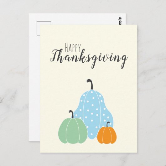 ハッピータンクスギビング かわいいカボチャ 緑 青 オレンジ ポストカード (正面/裏面)