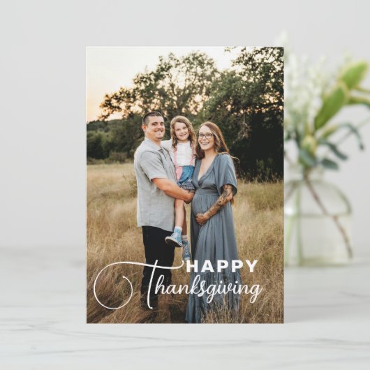 「ハッピータンクスギビング」スクリプトフォント、1枚の写真 シーズンカード (スタンド正面)