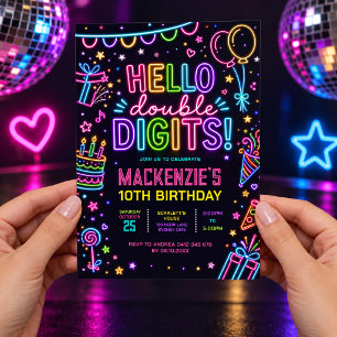 ハッピーダブルデジツ: ネオンの輝き10歳の誕生日 招待状