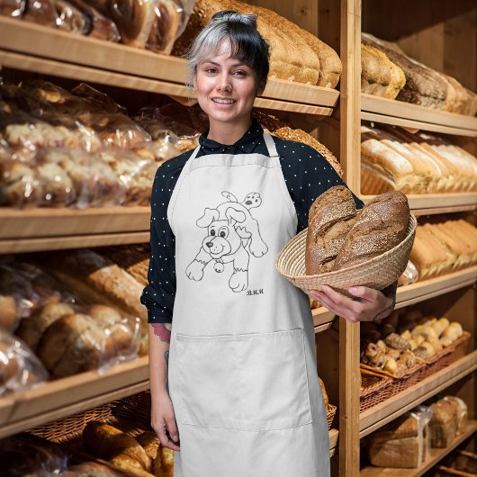 ハッピーチャコールペンシル犬ラインアートスケッチ ロングエプロン