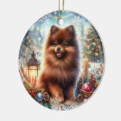 ハッピーチョコレートブラウンポメラニア犬クリスマス セラミックオーナメント (左)