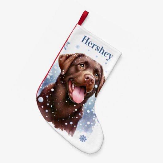 ハッピーチョコレートラブラドールリトリエバースノーフレークスドッグ スモールクリスマスストッキング (正面 (吊り時))