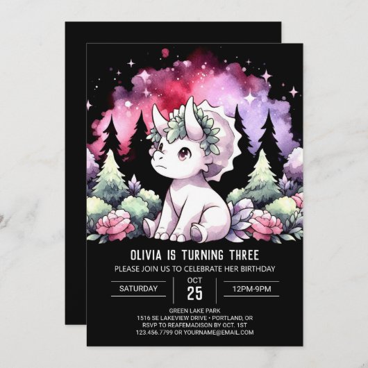 ハッピーディノトリケラトプス誕生日 招待状 (正面/裏面)