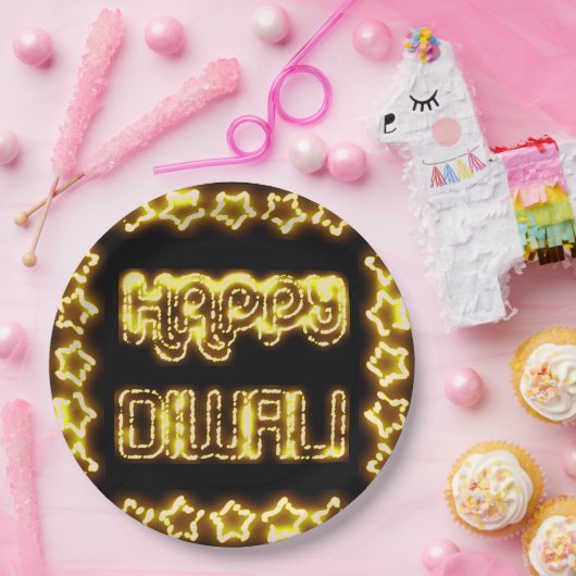 ハッピーディワリイエローゴールデンライトタイポグラフィスターズ ペーパープレート (パーティー)