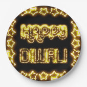 ハッピーディワリイエローゴールデンライトタイポグラフィスターズ ペーパープレート (正面)