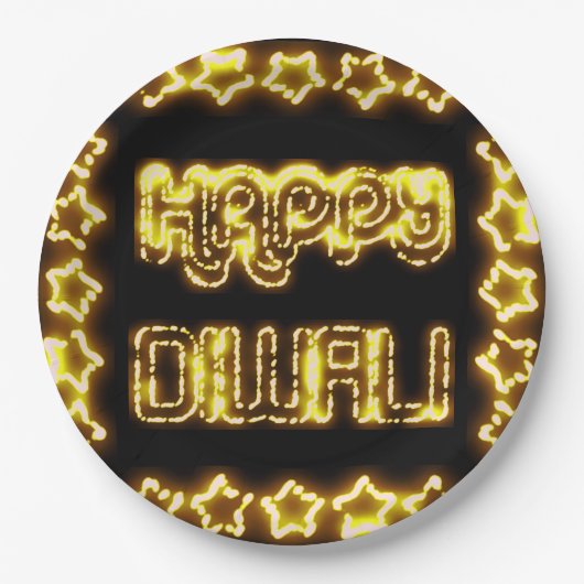 ハッピーディワリイエローゴールデンライトタイポグラフィスターズ ペーパープレート (正面)