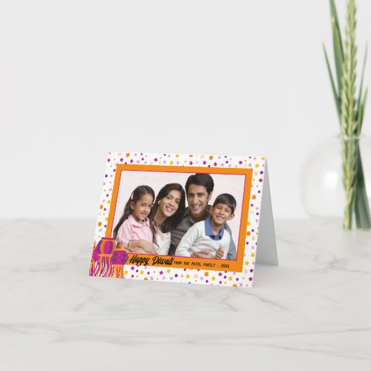 ハッピーディワリカラフルフォトピンクパープルランタン カード (正面)