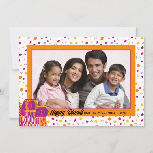 ハッピーディワリカラフルフォトピンクパープルランタン シーズンカード (正面)