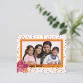 ハッピーディワリカラフルフォトピンクパープルランタン シーズンポストカード (スタンド正面)