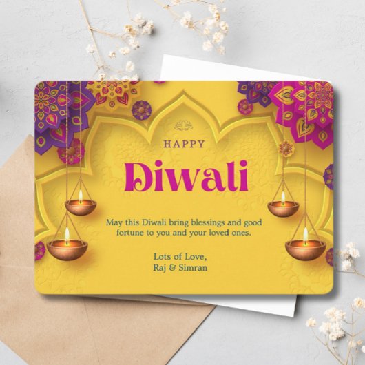 ハッピーディワリグリーティングイエローパープルフローラ シーズンカード