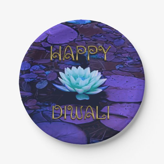 ハッピーディワリタイポグラフィパープルフローラロータスフラワー ペーパープレート (正面)