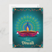 ハッピーディワリピーコックディヤフェスティバルオブライトブルー シーズンポストカード (正面/裏面)