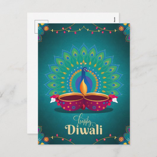 ハッピーディワリピーコックディヤフェスティバルオブライトブルー シーズンポストカード (正面/裏面)