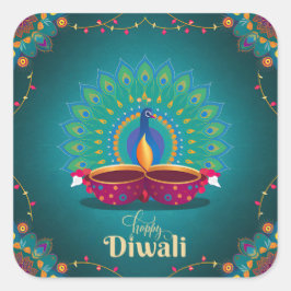 ハッピーディワリピーコックディヤフェスティバルオブライトブルー スクエアシール