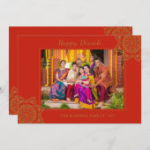 ハッピーディワリ写真レッド金ゴールドマンダラグリーティング シーズンカード (正面/裏面)
