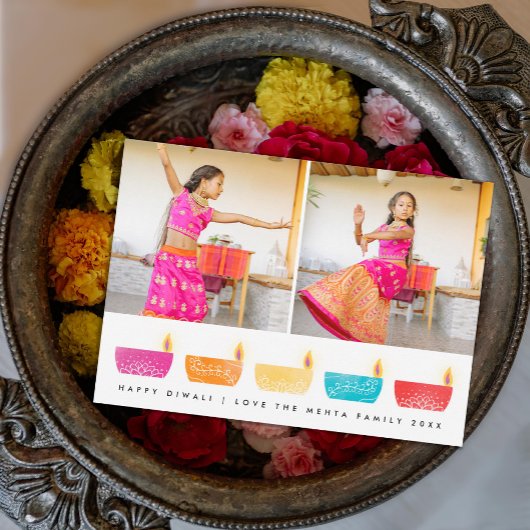 ハッピーディワリ色ランタン2フォトホリデーカード シーズンカード