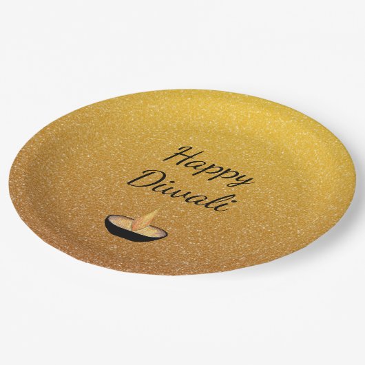 ハッピーディワリ金ゴールドグリッターディヤランプフレーム ペーパープレート (アングル)