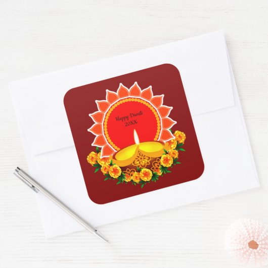 ハッピーディワリ20xx年または文字マリゴールド スクエアシール (封筒)