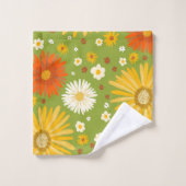 ハッピーデイジーカラフルパターンデイジー緑 バスタオルセット (ウォッシュタオル)
