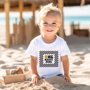 ハッピーデュードの1歳誕生日Tシャツ チェック柄 ベビーTシャツ