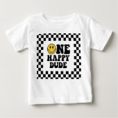 ハッピーデュードの1歳誕生日Tシャツ チェック柄 ベビーTシャツ (正面)