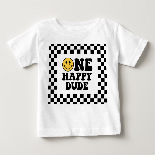 ハッピーデュードの1歳誕生日Tシャツ チェック柄 ベビーTシャツ (正面)